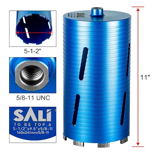 SALI Diamond Core Drill Bits 5 1/2" Diameter 10"/254mm Drilling Depth 5/8-11" Thread Core Bit Turbo Laser-Welded Segments for Cured Concrete with, Brick, Block, Masonry, with Two Adapters