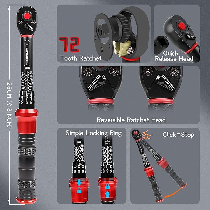1/4-Inch Drive Torque Wrench 20-240in.lb/2.3-27.1Nm, ±3% Precision Dual Direction Torque Wrenches with 72-Tooth Dual Range Scales
