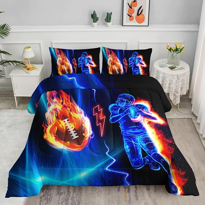 Axolotl Football Comforter King,Cool Blue Football Bedding Sports Theme Comforter Set for Boys,3D Rugby Sports Bedding Set,Soccer Player on Fire for Boys Kids Teens,1 Quilt 2 Pillowcases,Black Blue
