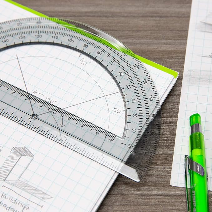BAZIC Protractor Semicircular 6 Inch 180 Degrees, Plastic Math Protractors, Geometry Measuring Rulers Set, Clear Ruler for Students, 1-Pack