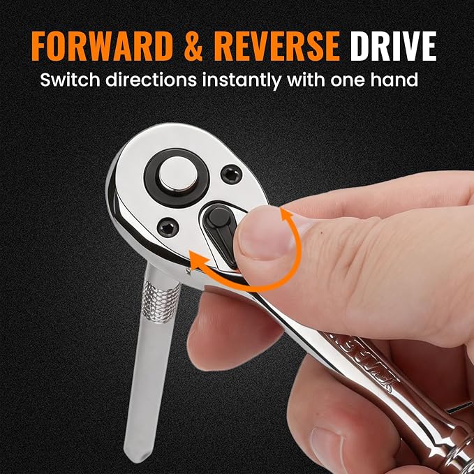 1/4“ Drive 90-Tooth Ratchet Wrench with Extension Bar | Socket Wrench, Reversible Design, Quick-Release, Cr-Mo Head, Cr-V Made, 4° Swing Arc, Full Polished