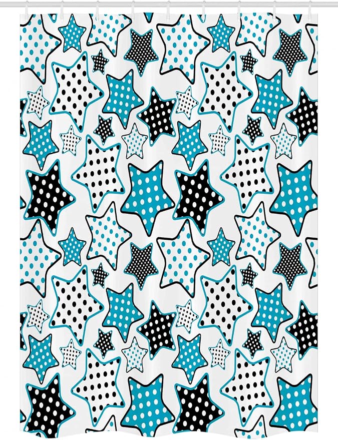 Ambesonne Cartoon Stall Shower Curtain, Stars Shapes Cartoon Illustration Geometry Cheer Celebration, Fabric Bathroom Decor Set with Hooks, 54" W x 78" L, Petrol Blue Black White