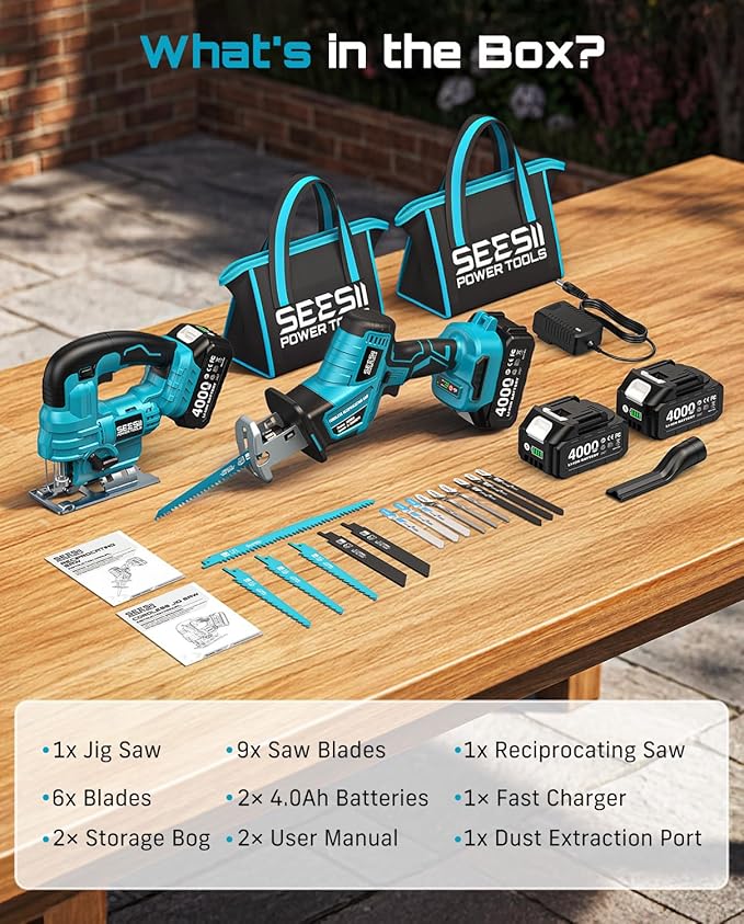 SEESII 2-Tool Cordless Combo Kit, Reciprocating Saw & Jig Saw with 2x4.0Ah Batteries, Brushless Motor, 0-45° Bevel Cut Jigsaw, Adjustable Speed, LED Light, Lightweight for Wood/Metal/PVC Cutting, DIY