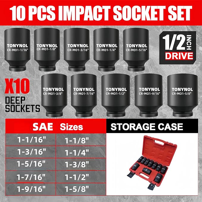 TONYNOL 1/2" Drive Deep Impact Socket Set,6‑Point,SAE 1‑1/16"‑1‑5/8",10Pcs | Heavy Duty Impact Socket Set,With a Storage Case