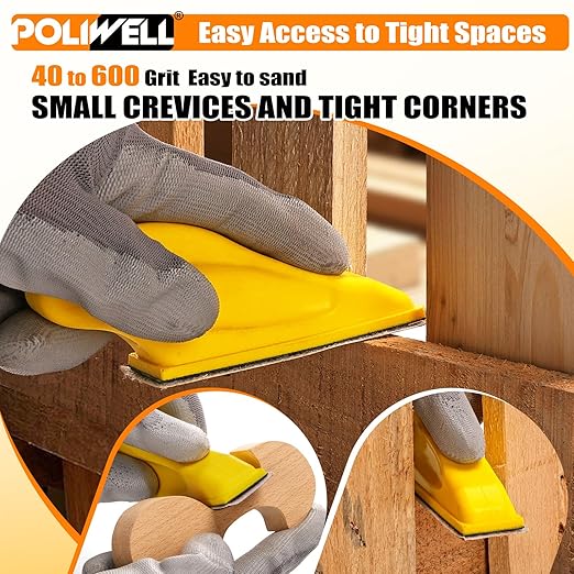 POLIWELL Micro Sanding Tools 3.5” x 1” Detail Sander for Small Projects, Mini Handle Sander Kit+ Sandpaper 40 80 120 180 240 400 600 Grit for Crafts Wood Finishing Tight Narrow Spaces, 120 PCS