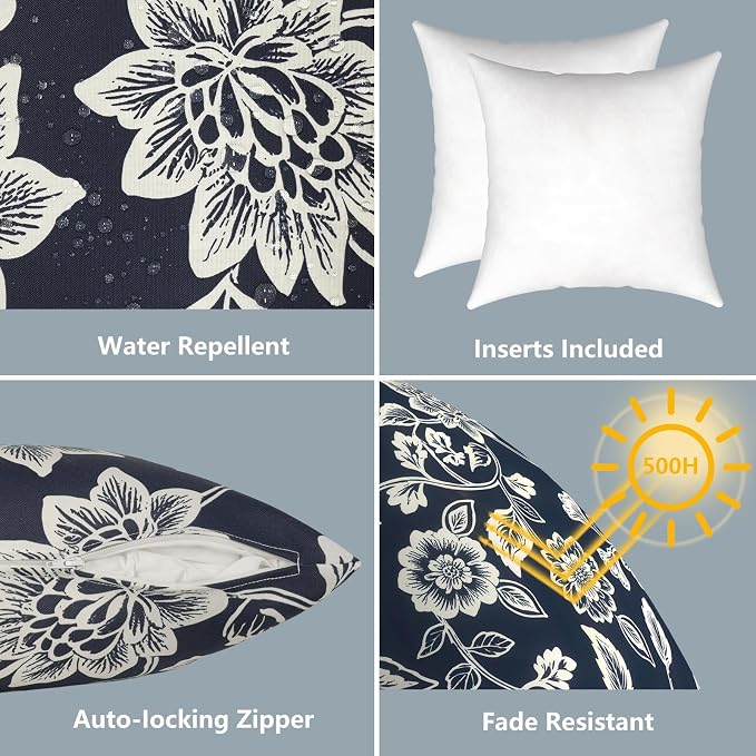 LVTXIII 2 Pack Outdoor Pillows 18x18 Inch, Square Throw Pillows with Inserts, Decorative Water-Repellent Pillow Cushions for Patio Furniture and Garden Sofa, Elegant Vines Navy