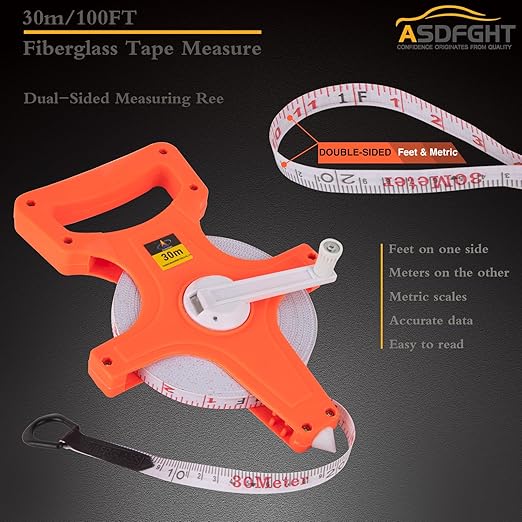 Open Reel Tape Measure 100 Feet, Fiberglass Tape Measure, Yard Measuring Tape Fit for Sports Field, Outdoor, Engineer,Track, Durable Dual-Sided Measuring Reel with Feet and Meters (1/2')