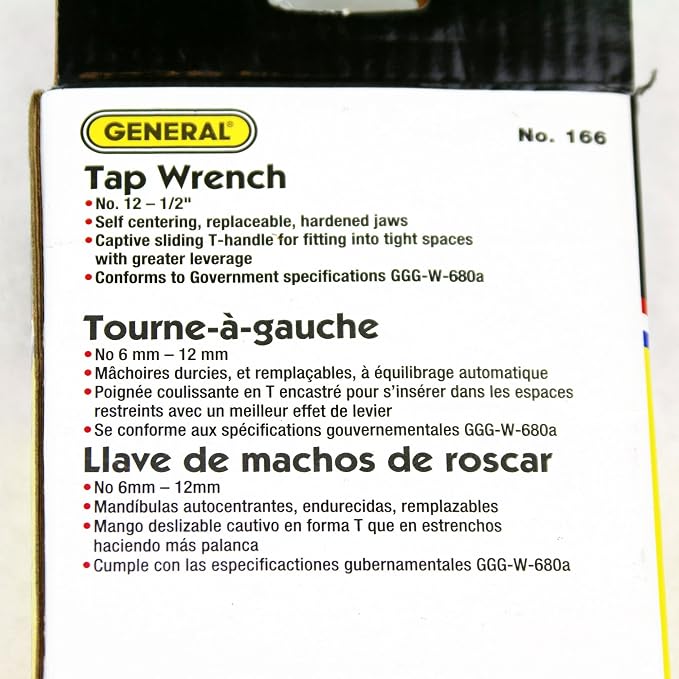 General Tools 166 Plain Tap Wrench, Capacity No.12 to 1/2-Inch