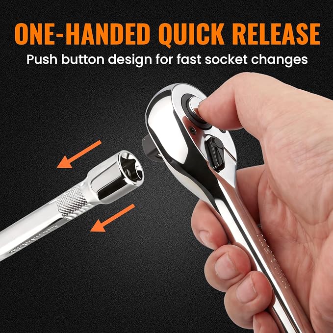1/4“ Drive 90-Tooth Ratchet Wrench with Extension Bar | Socket Wrench, Reversible Design, Quick-Release, Cr-Mo Head, Cr-V Made, 4° Swing Arc, Full Polished