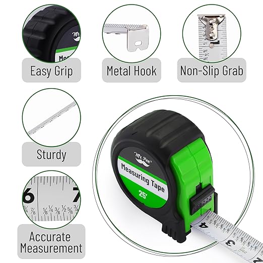 Mr. Pen- Retractable Tape Measure 25 ft, Green, Easy Read, Steel Retractable Measuring Tape with Fractions, Ideal for Construction & DIY Projects