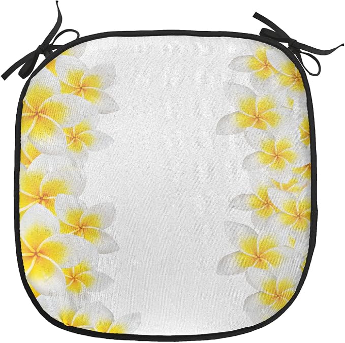 Lunarable Hawaiian Chair Cushion Pads Set of 2, Frangipani Blossoms Exotic Nature Garden Plumeria Flower Frame Relaxation Theme, Anti-Slip Seat Padding for Kitchen & Patio, 16"x16", Yellow White