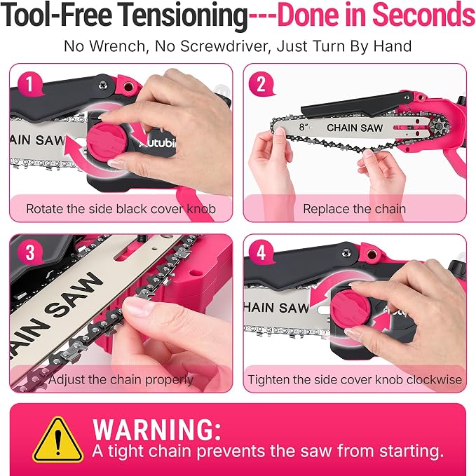 Pink 2-in-1 Cordless Pole Saw for Tree Trimming, 8-Inch Mini Chainsaw with Extension Pole, Battery Powered Tree Trimmer for Branches and Limbs, Adjustable Angle, Auto Oiler, 2× 4000mAh Batteries