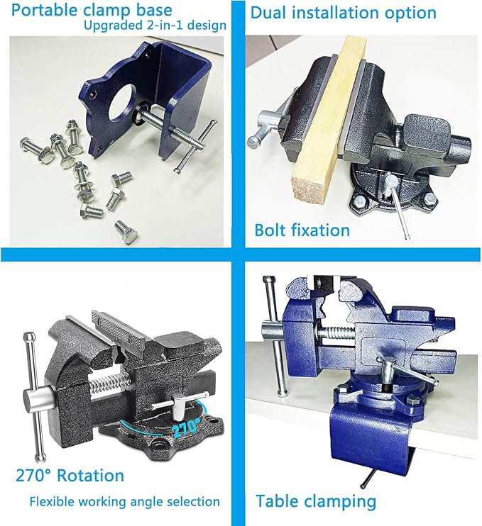 MYTEC 2-In-1 Bench Vise Heavy Duty for Workbench, 6.0" blue, Upgraded Multi-Purpose Table Vice, Universal Rotate 270°Work Clamp-On Vise