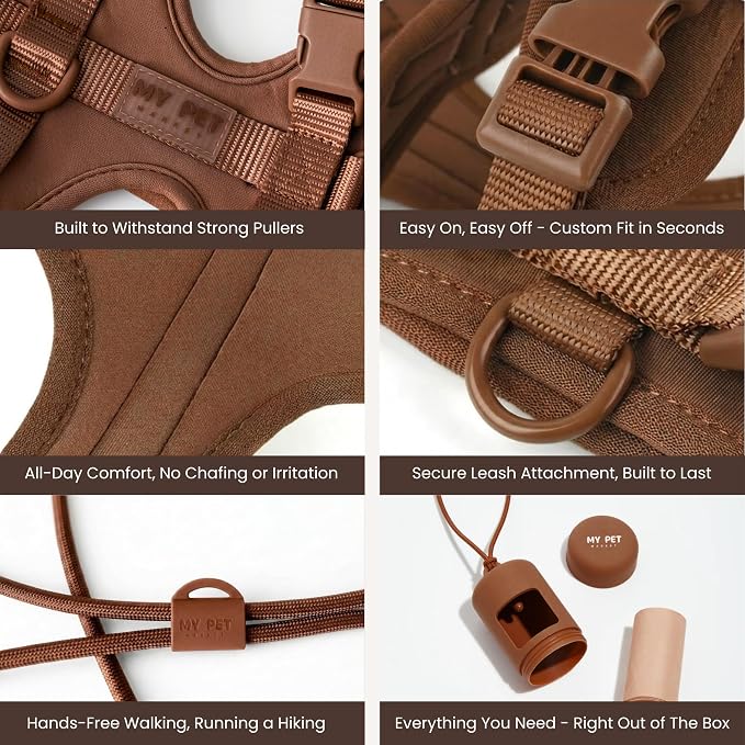 No Pull Dog Harness and Leash Set 3-in-1 Adjustable Anti Pull Dog Harness with Hands-Free Matching Leash,Poop Bag Holder,Easy Walk Dog Harness Small Sized Dog(Cocoa)