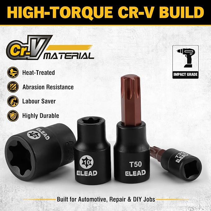 31-Piece Torx Bit Socket Set: Premium CR-V & S2 Alloy Steel, Star T8-T70 & E-Torx E4-E24, High Torque Laser Marked for Automotive Mechanic