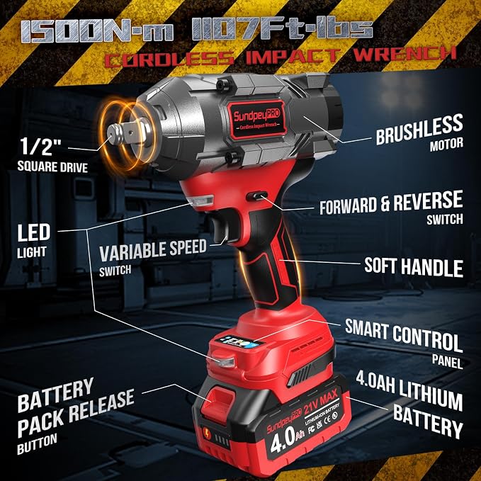 1/2 Brushless Cordless Impact Wrench 1107Ft-lbs Power Impact Gun | 21V High Torque, 3 Variable Speeds & RSS, 2 Led, with 2x4.0Ah Batteries, 6 Sockets, Fast Charger & Case, for Car & Truck & RV