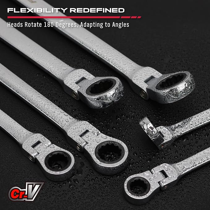 Extra Long Flex-Head Ratcheting Wrench Set, Anti-Slip 6-Piece Double Box End Wrench Set, 72-Teeth, Metric 8-19mm, CR-V Steel Wrench with Rolling Pouch