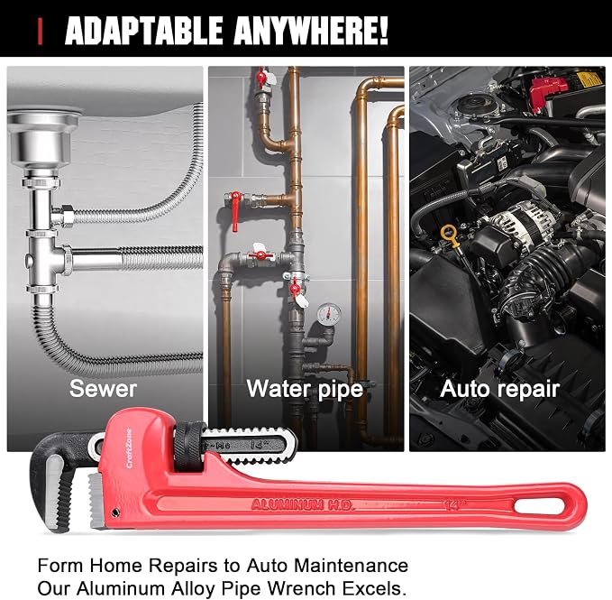 4Piece Aluminum Pipe Wrench Set (10Inch, 14Inch, 18Inch, 24Inch), Heavy-Duty Adjustable Straight Plumbing Wrenches, Drop-Forged Jaws, Lightweight Design, Versatile for Plumbing & Home Repair