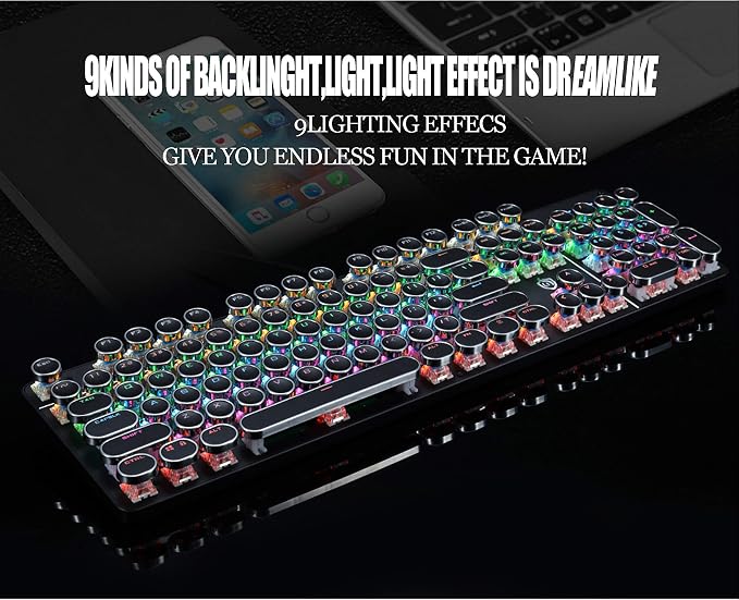 YSCP Typewriter Style Mechanical Gaming Keyboard Rainbow Backlit Wired with Blue Switch Retro Round Keycap 104 Keys Keyboard (L-Black)