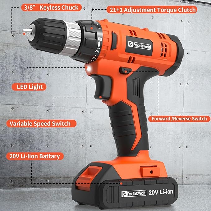 FADAKWALT 20V Electric Power Drill Set, Torque 30N, 21+1 Torque Setting, 3/8-Inch Keyless Chuck, LED Electric Drill Kit, Orange