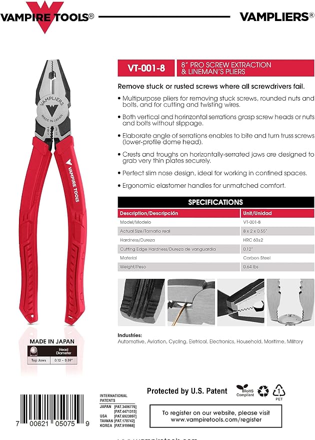 VAMPLIERS 8" Stripped Screw Extractor Pro Linemans Pliers Gift Box Set