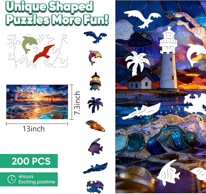 Leodozzio Wooden Puzzles for Adults, Sunset Lighthouse Jigsaw Puzzles 200 Pieces, 5MM Thick Unique Shaped Animal Wooden Puzzle, Perfect Choice Gift Wall Art Room & Artistic Home Decor, 7.3"x13"