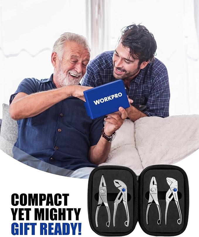 WORKPRO 4-Piece Mini Pliers Set with Pouch, Includes 4-Inch Plier Wrench & Slip Joint & Water Pump Pliers & 4.5-Inch Long Nose Slip Joint Plier, Adjustable Pliers/Pocket Plier/EDC Tool Gift for Man