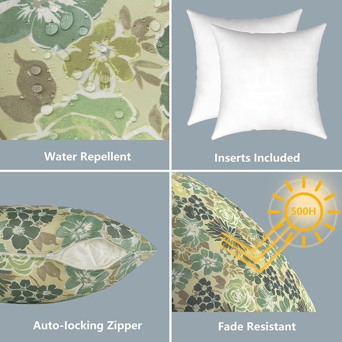 LVTXIII Outdoor Throw Pillows 16x16 Inch, Set of 2 Square Decorative Pillows with Inserts for Patio Furniture, Porch Chair, Garden Sofa, Green Rose