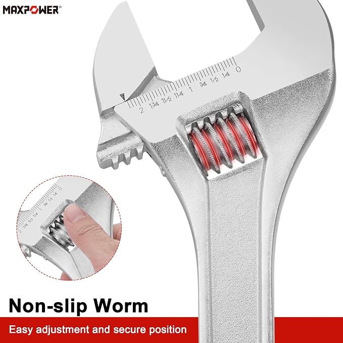 MAXPOWER 18" Adjustable Wrench, 2-1/8" Jaw Opening, Tapered Handle | Adjustable Spanner with SAE/Metric Scales, Polished Finish, and Comfort Grip – Perfect for Plumbing, Nuts, and Pipes