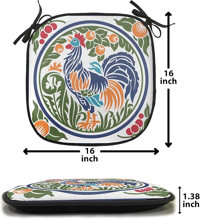 Lunarable Gallus Chair Cushion Pads Set of 8, Rooster Earth Fruit Growth Harvest Dandelion Vegetables, Anti-Slip Seat Padding for Kitchen & Patio, 16"x16", Olive Green Night Blue