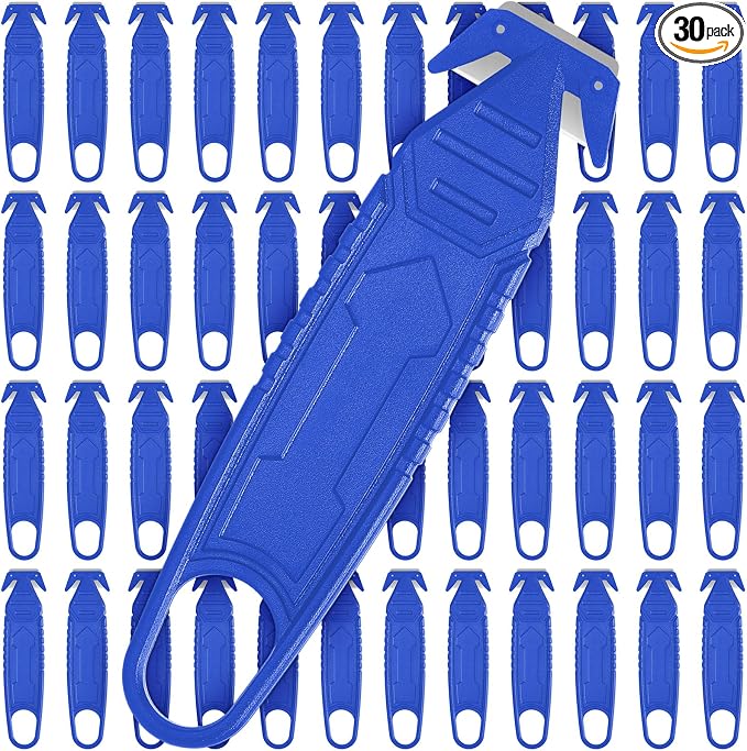 Therwen Safety Box Cutter Knife of Stainless Steel Concealed Blade Package Opener with Tape Splitter for Carton Cardboard Wrap Letter Work Bag Straps Film Utility Tool(Blue,30 Pcs)