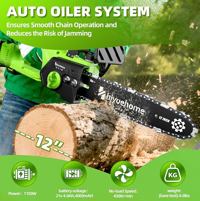 Power Chainsaw 12inch,Chainsaw Cordless w Automatic Oiler, Handheld Electric Power Chain Saw w Security Lock, Brushless Motor,for Wood/Trees Trimming (Green - 2 batteries, 12 INCH)