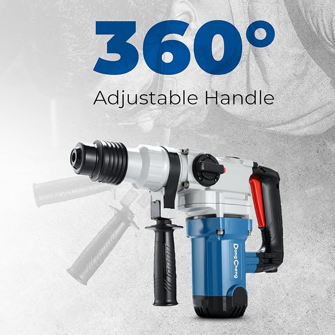 DongCheng 1-1/8 Inch SDS-Plus Rotary Hammer with 9.2A Motor, 3.6J Impact Energy, 5,000 BPM for Concrete & Demolition, Includes 3 Drill Bits, 2 Chisels, Case (Safety Clutch, 110V)