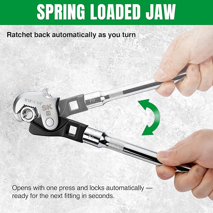 SK 3-Piece Adjustable Crows Foot Wrench Set, 1/4" & 3/8" & 1/2" Drive | Crowfoot Wrenches, Dual-Drive Ends Design, Spring Loaded Jaw with Serrated Teeth, 3/16" to 1-1/4", Premium CR-V Steel