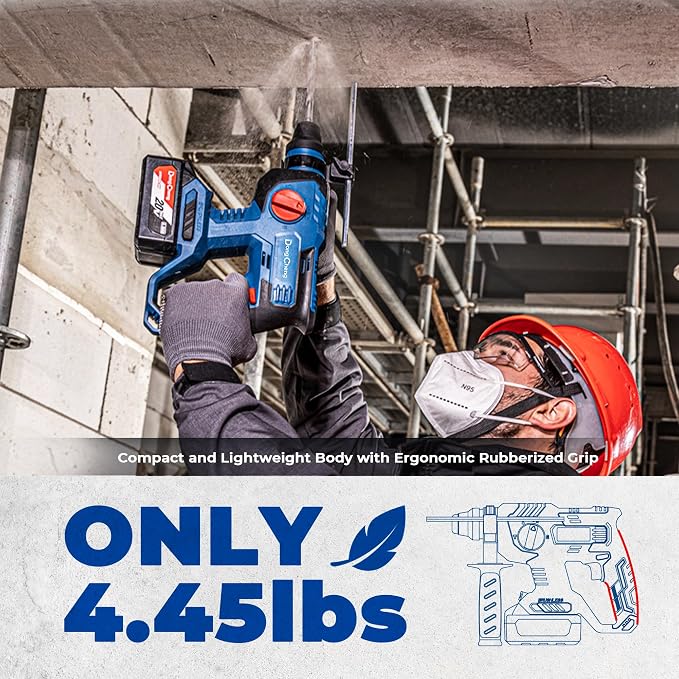 DongCheng 20V Max Brushless Rotary Hammer Drill, 7/8" SDS-Plus, 2.1 J Impact, 4 Modes, 4,500 BPM, Cordless with 2x4.0Ah Battery, Fast Charger, 4 Bits, Case for Concrete Drilling & Demolition
