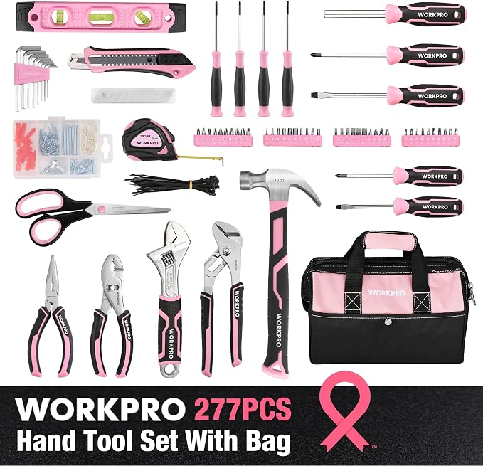 WORKPRO 277PCS Pink Tool Set, Portable Home Repairing Tool Kit for Women