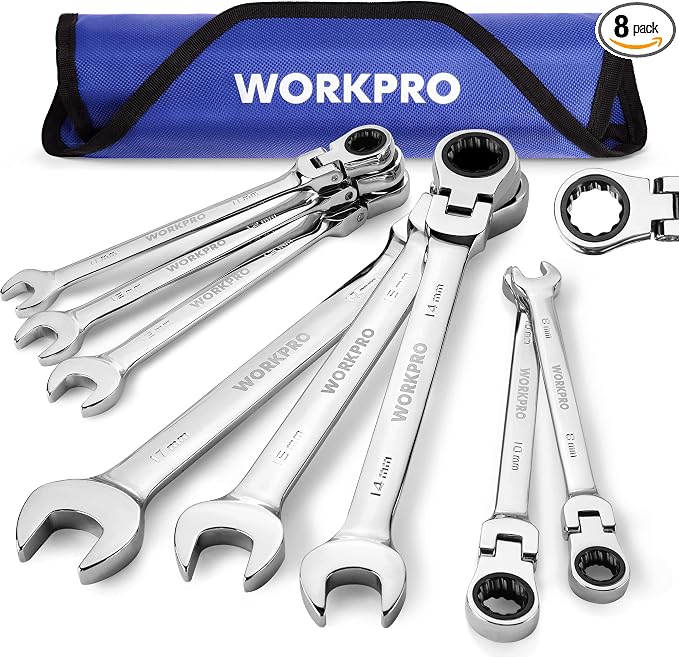WORKPRO 8-piece Ratcheting Combination Wrench Set, Metric & Polished | Metric 8-17mm, 180° Flex-Head, 72-Tooth Ratchet, Cr-V Steel, Roll Up Pouch for Auto Repair & Home DIY