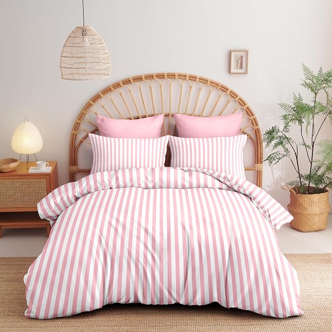 Sedefen Striped Duvet Cover King Size Pink Stripe Geometry Bedding Set for Girls 3 Pieces Soft Microfiber Reversible White Geometric Stripes Comforter Cover with Zipper Closure and 2 Pillowcases