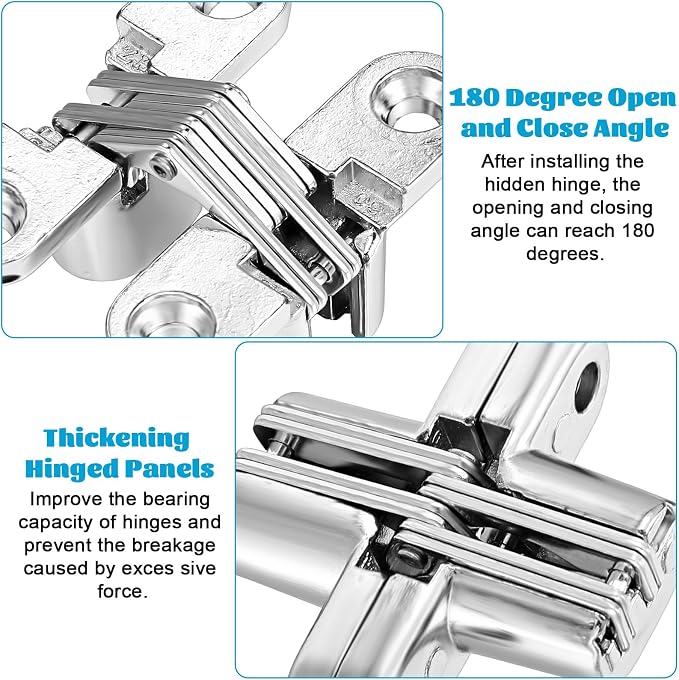 8 Packs Hidden Hinges for Cabinet Doors, 1-3/4" Stainless Steel Hidden Hinges, 180 Degree Invisible Hinge, Cross Concealed Hingesfor Cabinet, Folding Door, Folding Table and Cupboard