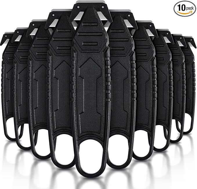 Therwen 10 Pcs Safety Box Cutter Knife of Stainless Steel Concealed Blade Package Opener with Tape Splitter for Carton Cardboard Wrap Letter Work Bag Straps Film Utility Tool (Black)