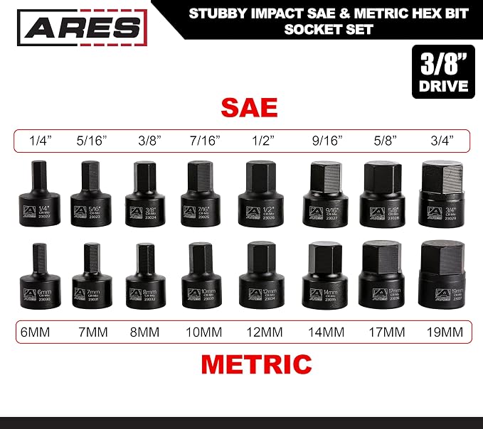 ARES 23021 16-Piece Stubby Impact SAE and Metric Hex Bit Socket Set | Chrome Moly Steel Construction and Manganese Phosphate Coating; Includes Storage Case