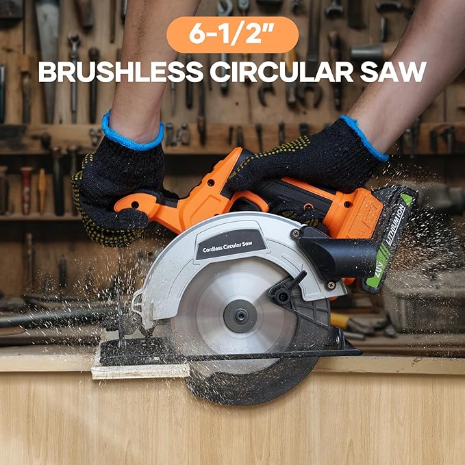 20V 6-1/2-inch Cordless Circular Saw, 2.0Ah Battery Powered: Brushless Motor, 45° Bevel Capacity, Max Cutting Depth 2-1/4-inch (90°), 1-1/2-inch (45°), Electric Circular Saw for Wood, Plastic Cutting
