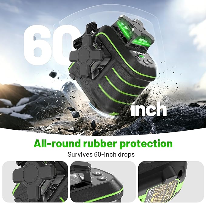 Huepar 360 Laser Level with Tripod, 60-Inch Drop Protection Self-Leveling Green Lazer Leveler Tool for Picture Hanging, Pulse Mode Adjustable Brightness, Hard Case, Green Glasses & Target Plate
