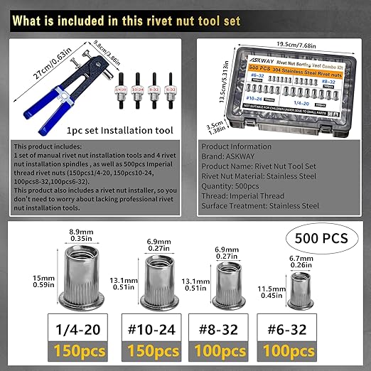 Stainless Steel Imperial Rivet Nut Tool Kit 500pcs, SAE Rivet Nut Combination （1/4-20、10-24、8-32、6-32）, Suitable for Automotive Industrial Applications (ASE Stainless Steel 500pcs)
