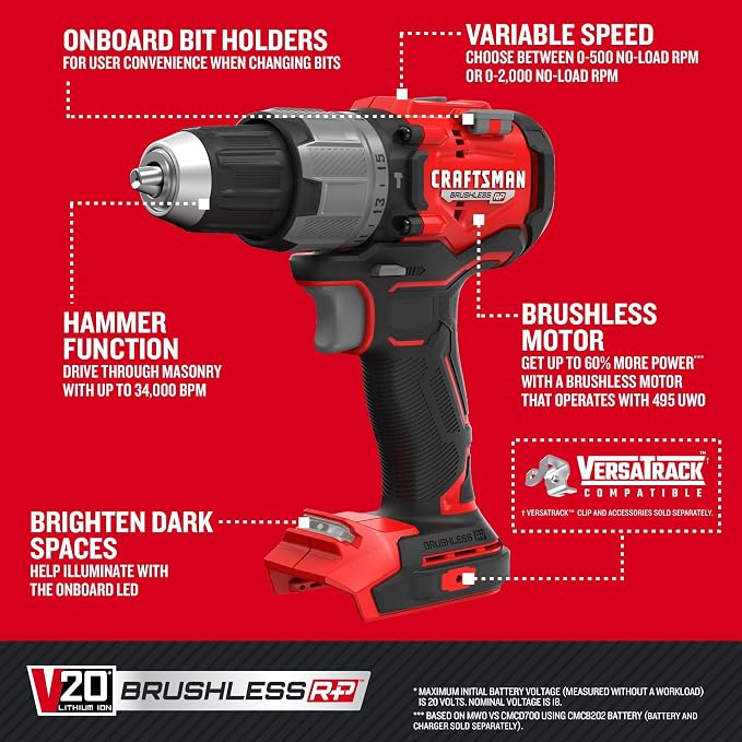 CRAFTSMAN V20 1/2 Inch Cordless Hammer Drill, Bare Tool Only (CMCD726B)