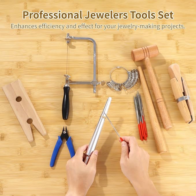 OMISTAR Jewelers Tools Set, Professional Measuring & Making Kit - Includes Saw Frame, Bench Pin, Needle Files, Clamps & Sizers, Complete Silversmithing Starter Set for Jewelry Craft