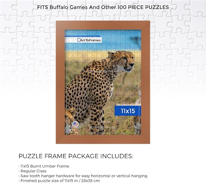 ArtToFrames Puzzle Frame for Buffalo Games 100 Piece Jigsaw Puzzles, 11x15 Inch (28x38 cm), Burnt Umber Engineered Wood with Regular Glass, Ready to Hang Puzzle Display