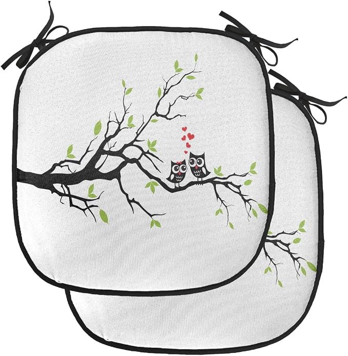 Lunarable Owls Chair Cushion Pads Set of 2, Owls in Love Sitting on a Branch Leaf Leaves Hearts Romance Themed Art, Anti-Slip Seat Padding for Kitchen & Patio, 16"x16", Apple Green Red Black