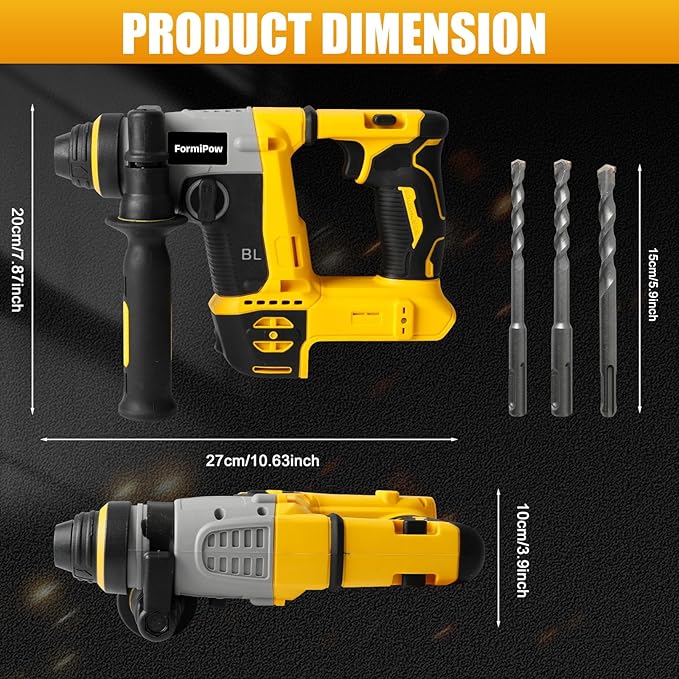 SDS-Plus Rotary Hammer Drill for Dewalt 20V Battery, 3J Impact Brushless Hammer Drill with 2 Mode Operation, Cordless Hammer Drill with 3 SDS Plus Bits & Chisel Set (No Battery)