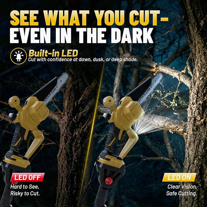 2-in-1 Cordless Pole Saw & Mini Chainsaw, 8-Inch Brushless Electric Tree Trimmer, 2 x 4.0Ah Batteries, Up to 16 Ft Reach, LED Light, Battery Powered Pole Saw for Tree Trimming & Branch Cutting